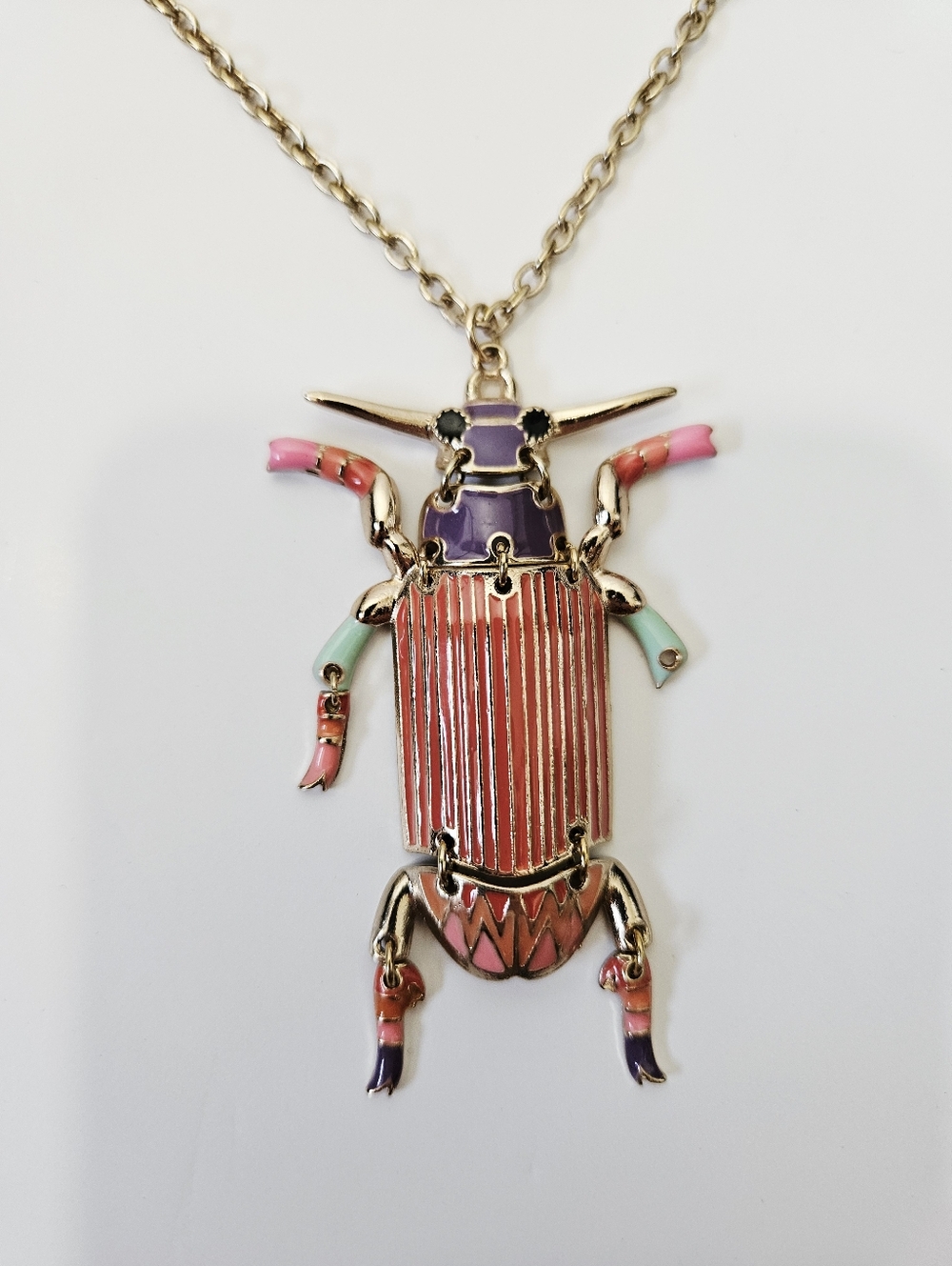 Colorful Articulated Beetle Pendant Necklace Enamel Jewerly